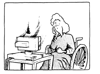 cartoon of a female wheelchair user in front of a burning computer