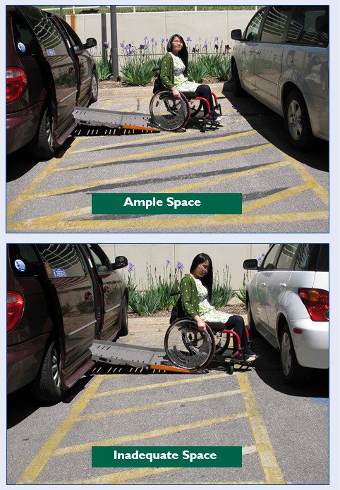 photographs showing ample and inadequate space to embark and disembark a van using a wheelchair